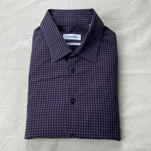 Calvin Klein Shirt Mens Size 16.5 34/35 Purple Gingham Slim Stretch Button Down - Picture 1 of 9